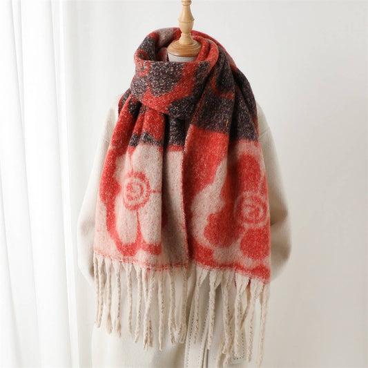 Vintage-Inspired Floral Wrap Scarf with Fringe