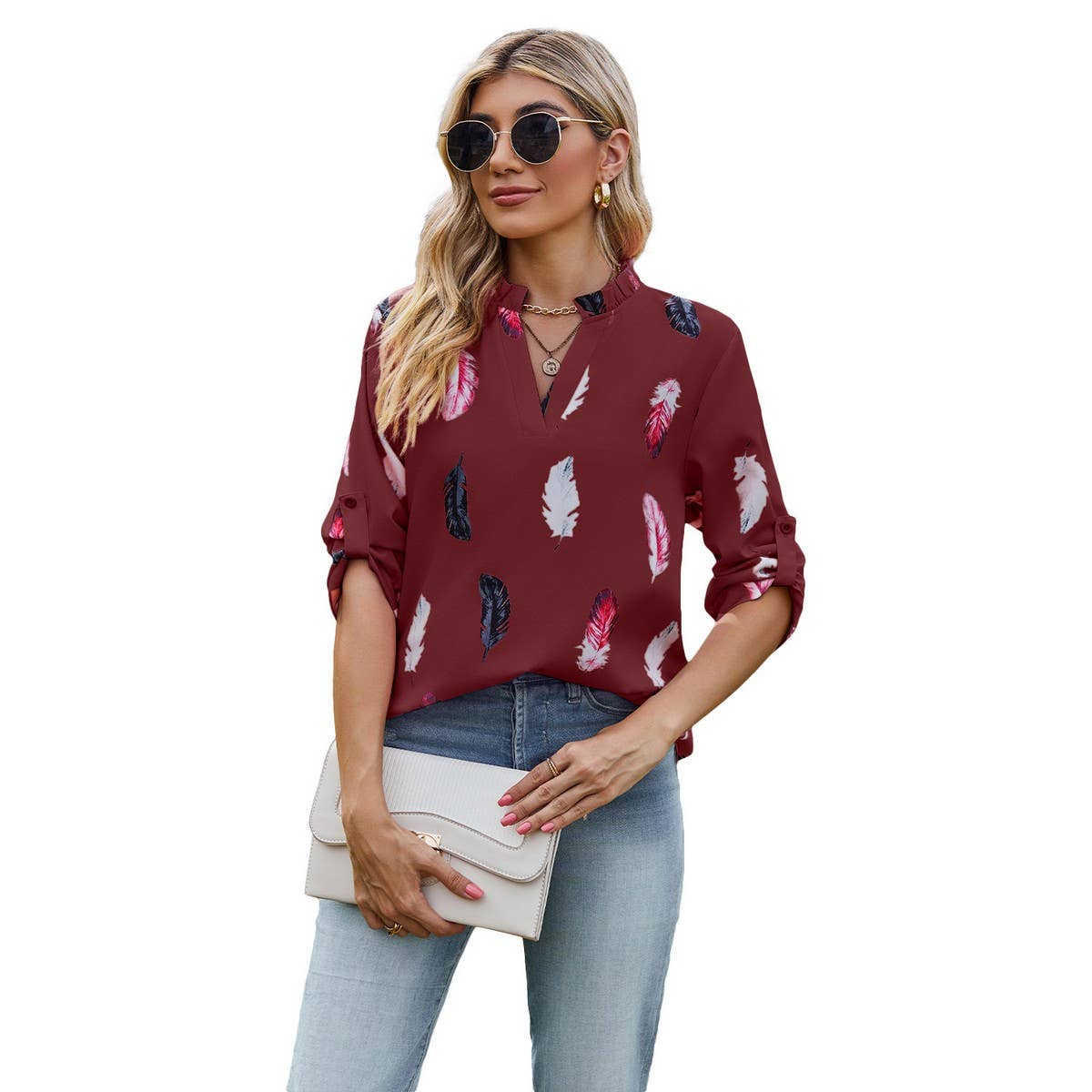 V-neck feather print seven-quarter sleeve shirt
