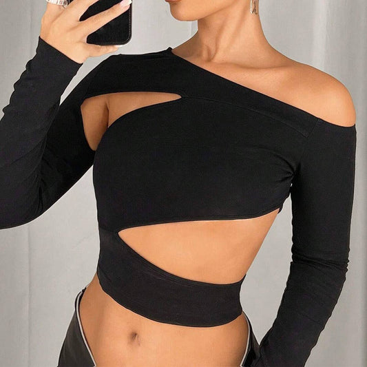 Irregular sloping neck off-the-shoulder Y2K top