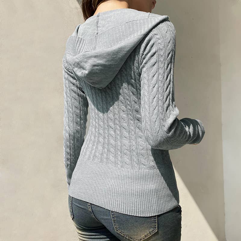 Solid-color deep V-neck hooded knitted sweater