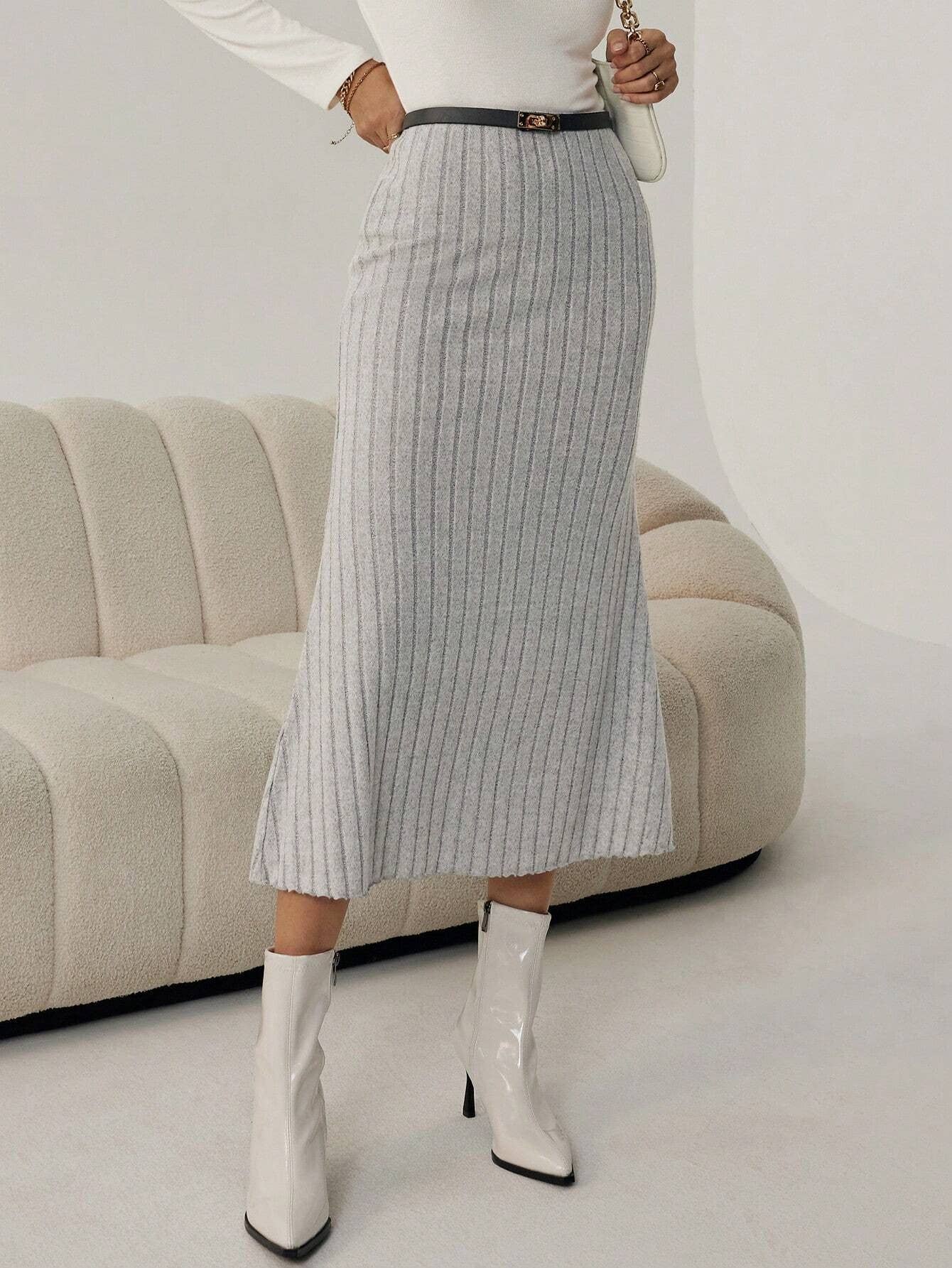 HIGH WAIST KNIT JACQUARD STRETCH WRAP HIP SKIRT