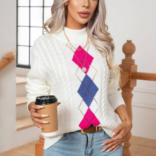 HOLLOW DIAMOND CHECKED TWIST KNIT SWEATER