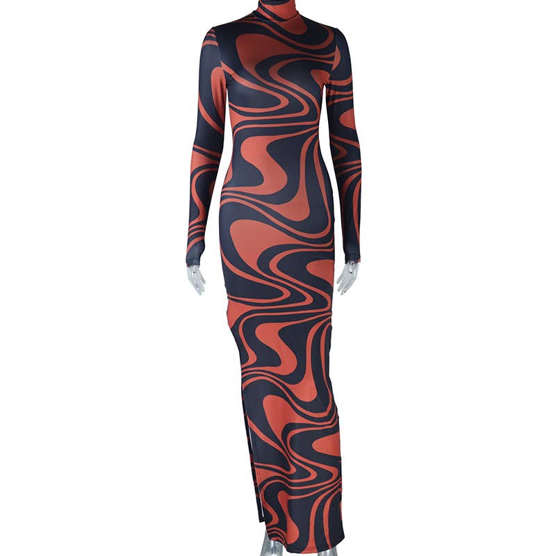 PRINTED SHEATH DRESS LONG SLEEVE MID-LENGTH SKIRT