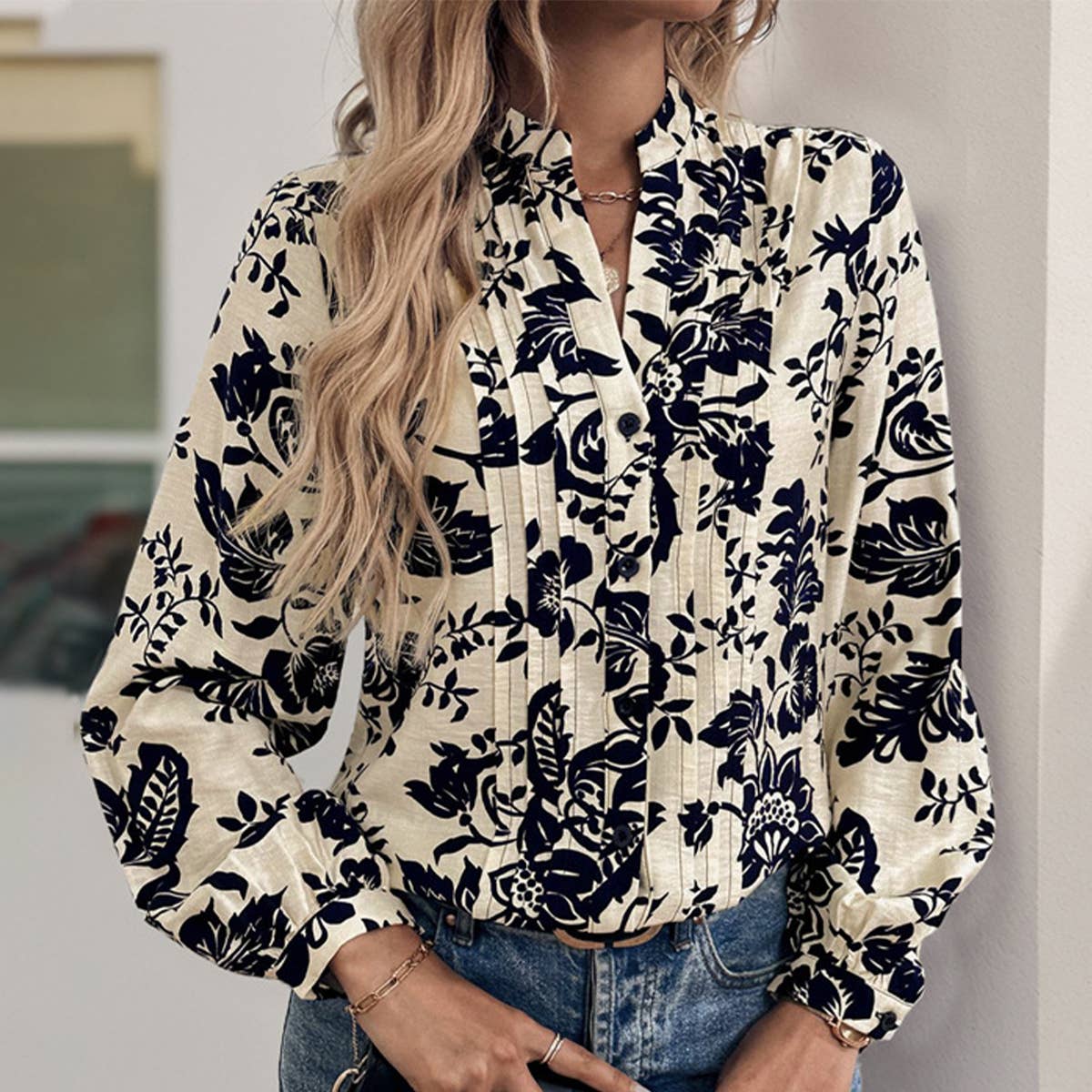 VINTAGE PRINTED STAND COLLAR STYLE ELEGANT SHIRT