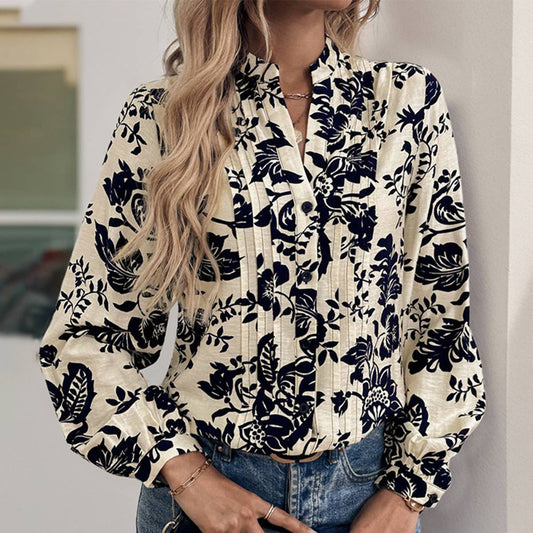 VINTAGE PRINTED STAND COLLAR STYLE ELEGANT SHIRT