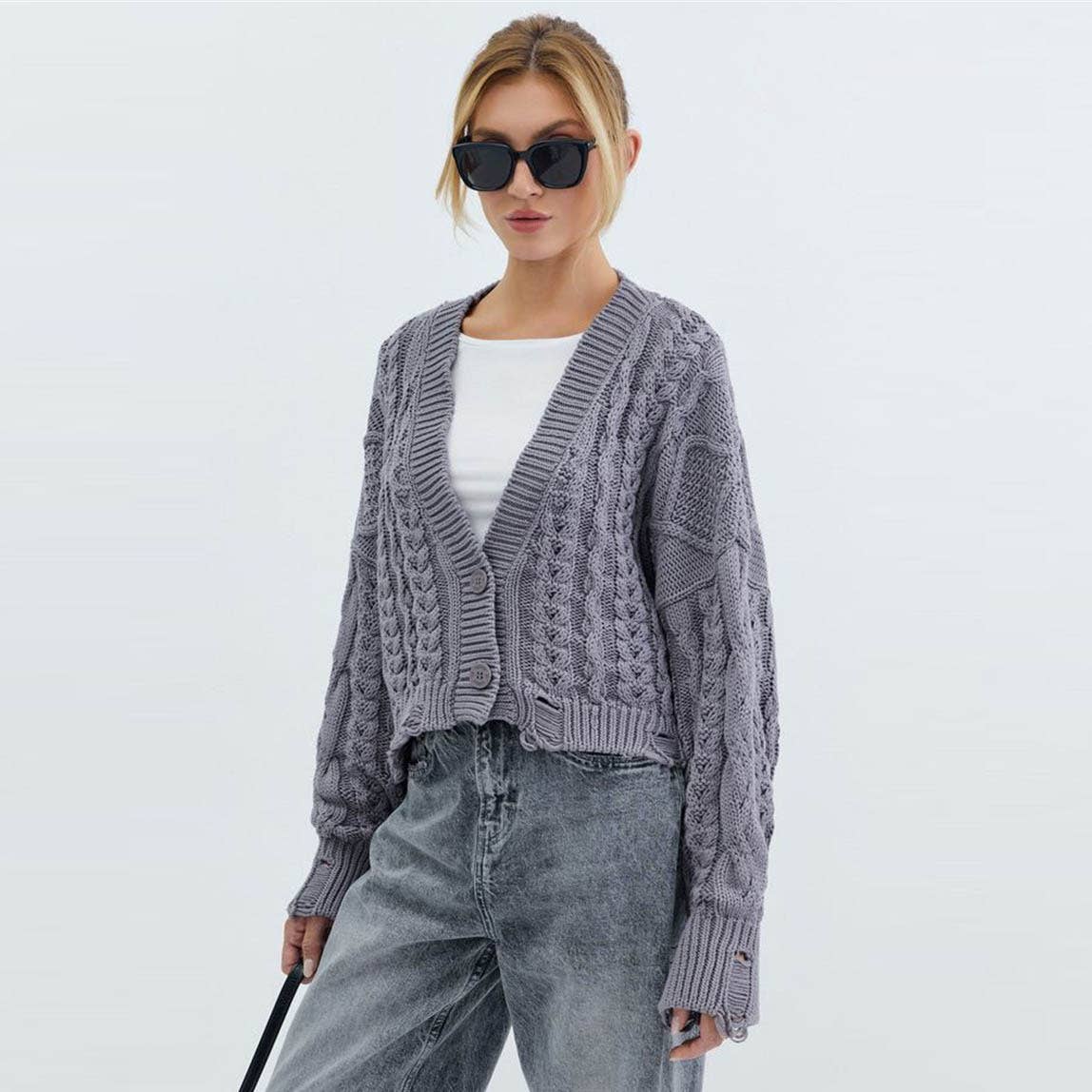 V-NECK SOLID COLOR TWIST SINGLE BREASTED CARDIGAN