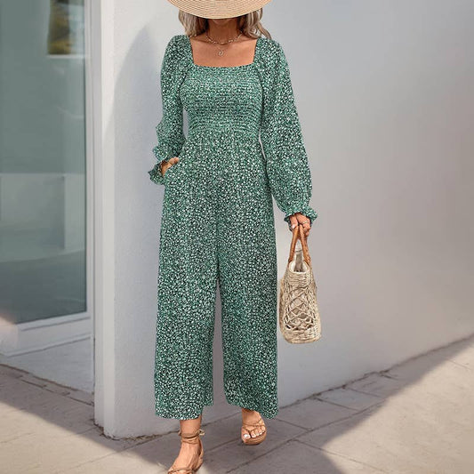 SQUARE NECK LONG SLEEVE FLORAL JUMPSUIT