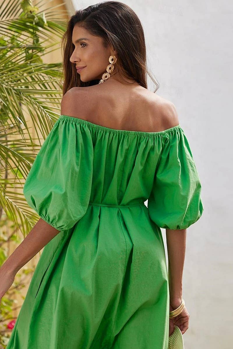CWDMD5913_LAZY STYLE PUFF SLEEVE OFF-SHOULDER FRENCH DRESS