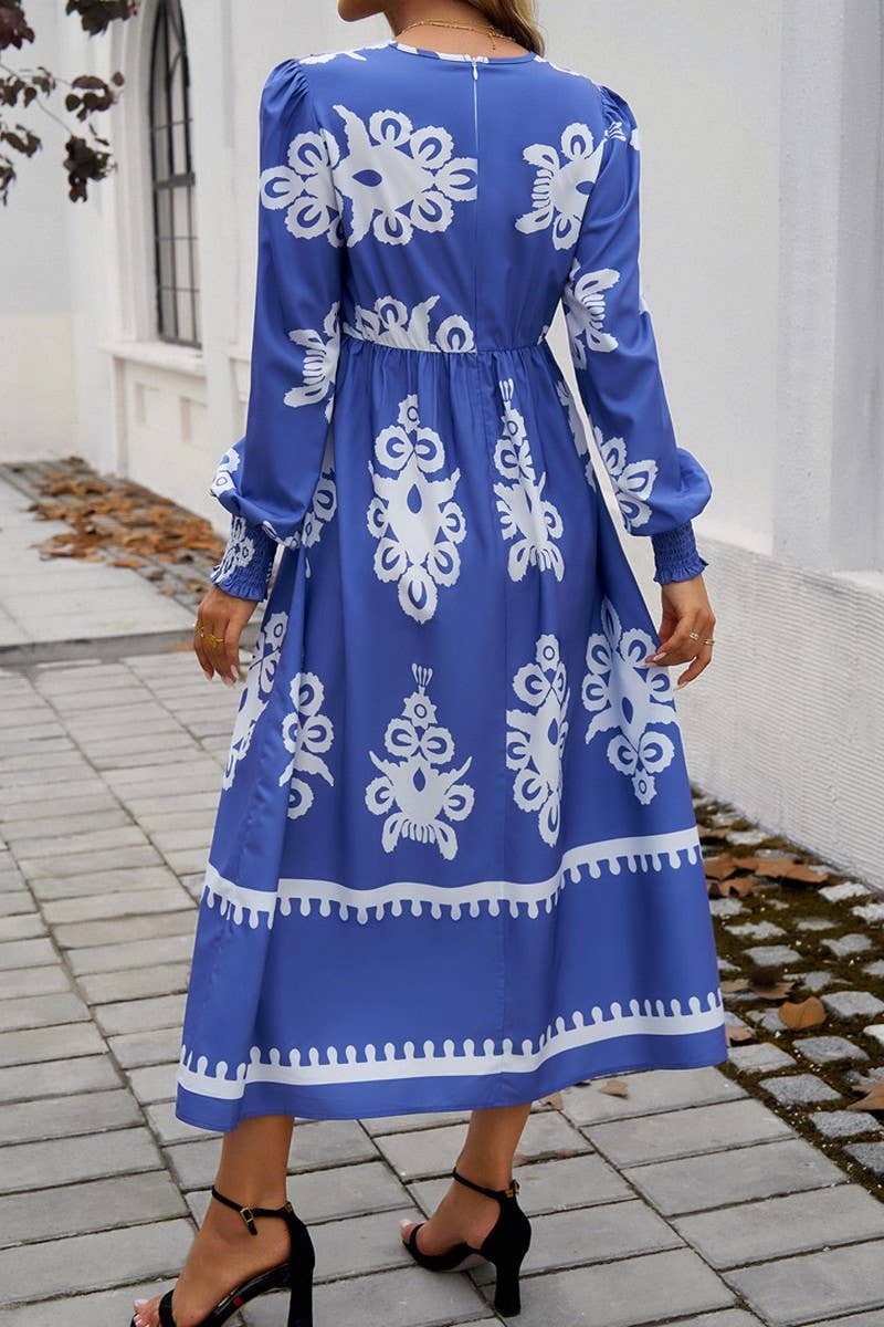 CWDMD4866_V-NECK ELEGANT CONTRAST COLOR LONG SLEEVE DRESS