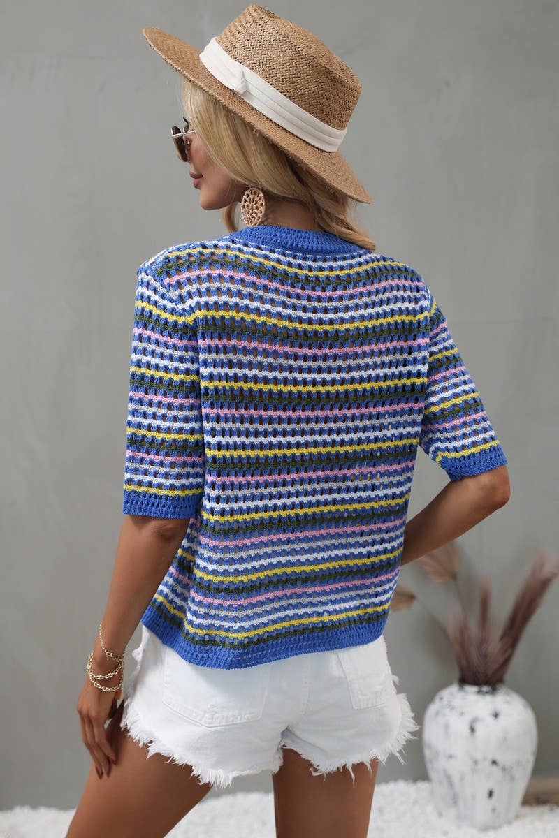 Cwtts0736_Crochet Short Sleeve Pullover Sweater