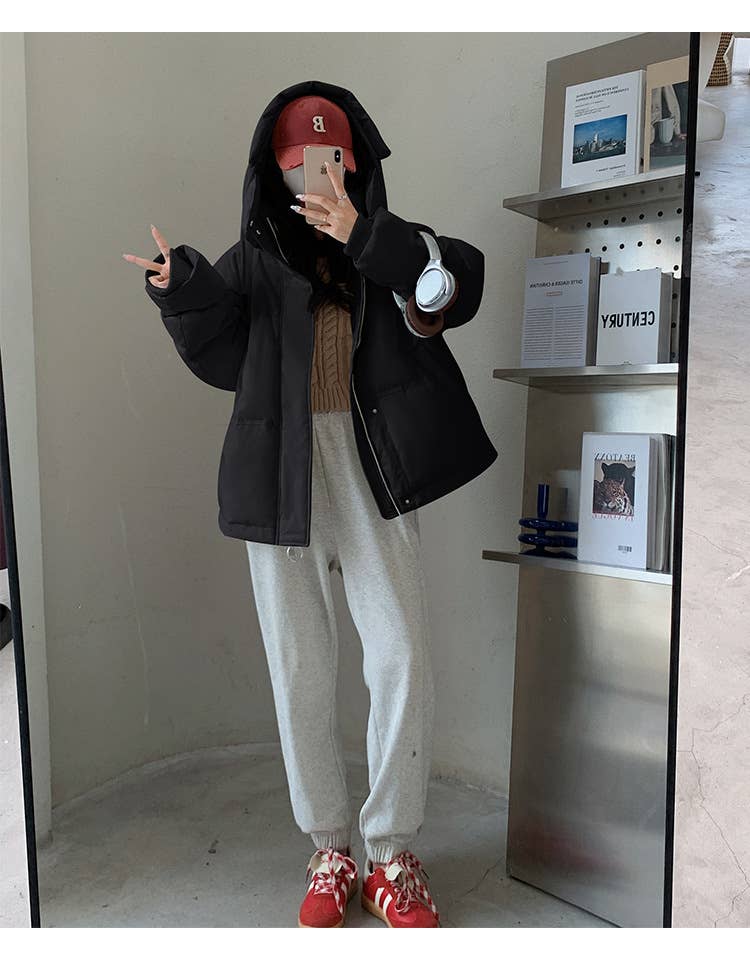 Solid-colored short down cotton-padded jacket