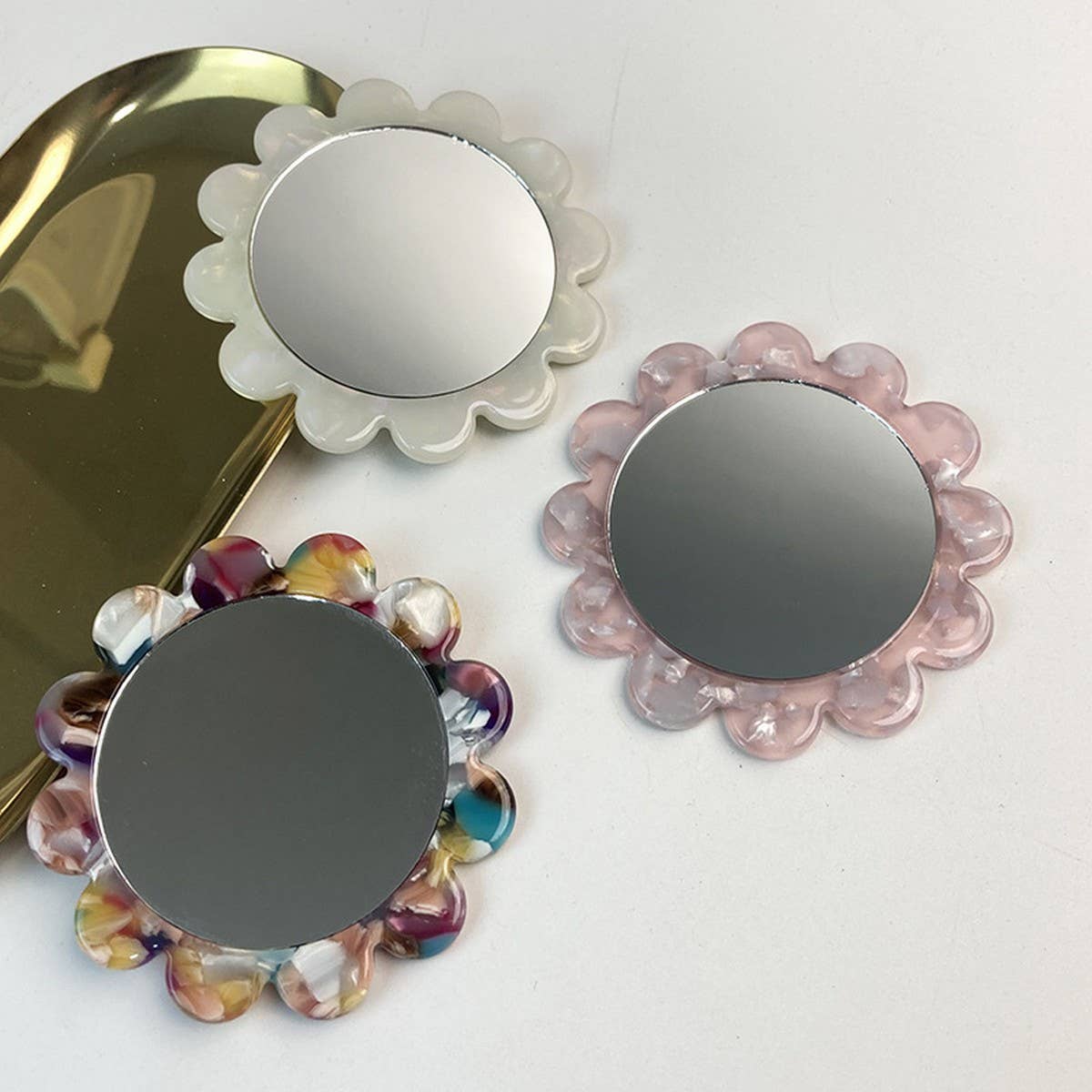 Floral Handheld Round Mirror Portable Makeup Mirror