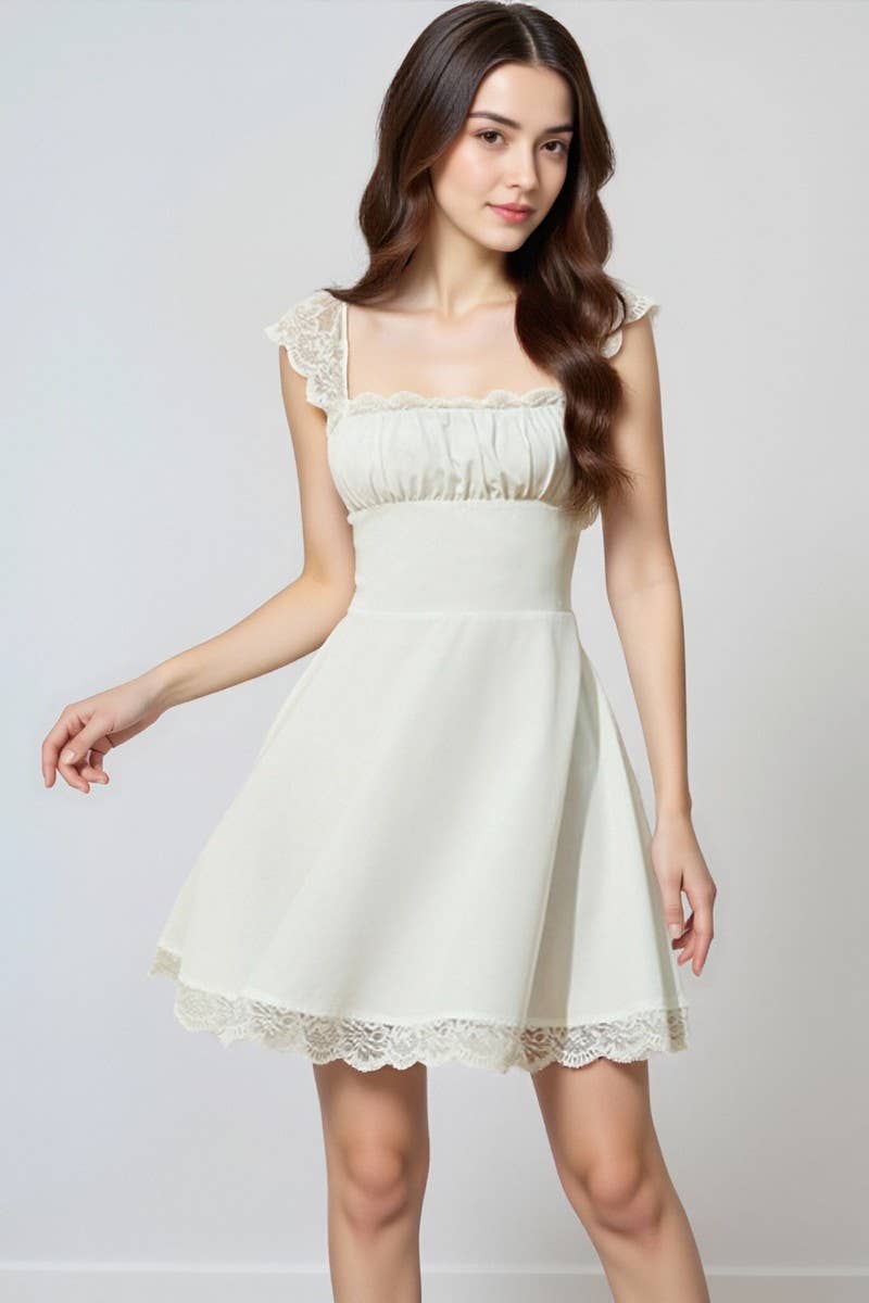CWDSD10636_PLEATED LACE TRIM SQUARE NECK MINI DRESS