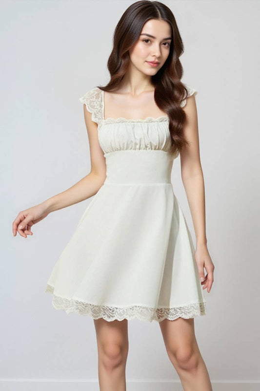 CWDSD10636_PLEATED LACE TRIM SQUARE NECK MINI DRESS