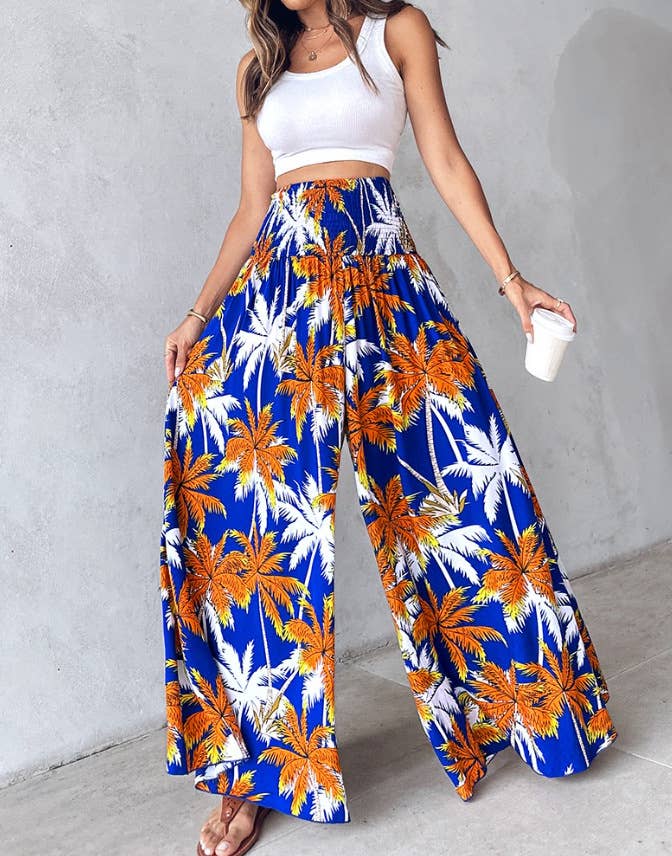 Tropical print retro floral print wide leg pants
