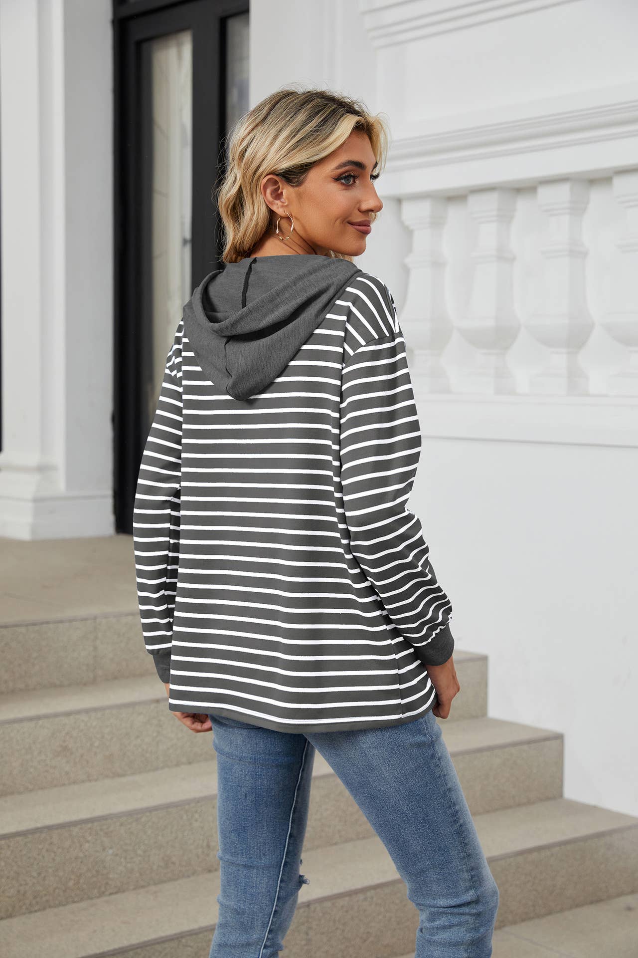Striped hooded long-sleeved loose sweatshirt