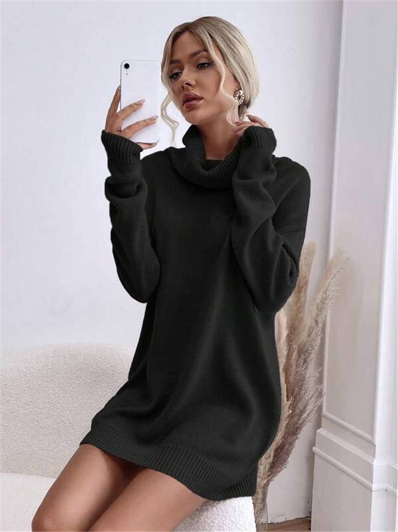 Solid-color loose high-neck knitted dress