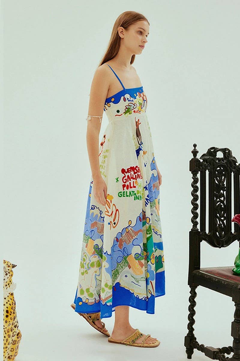 CWDMD5149_BACKLESS COTTON LINEN GRAFFITI MAXI DRESS