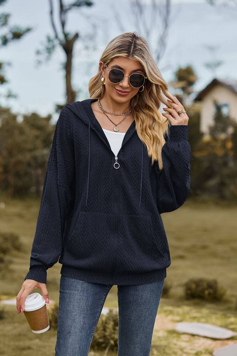 CWOHOL0476_ Casual Zip-Up Open Front Hoodie Cardigan Top