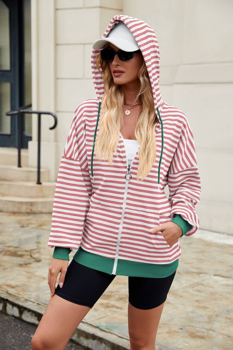 CWOCO0879_CASUAL CONTRAST STRIPE HOODED ZIP-UP SWEATSHIRT