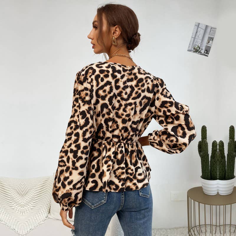 V-NECK CUTOUT LEOPARD PRINT SHIRT