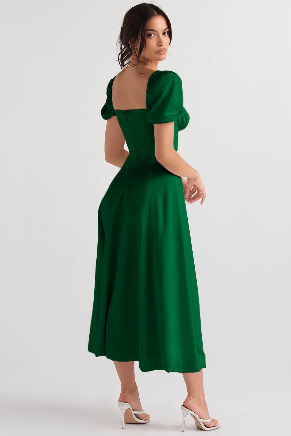 Sexy square neck A-line puff sleeve slit dress