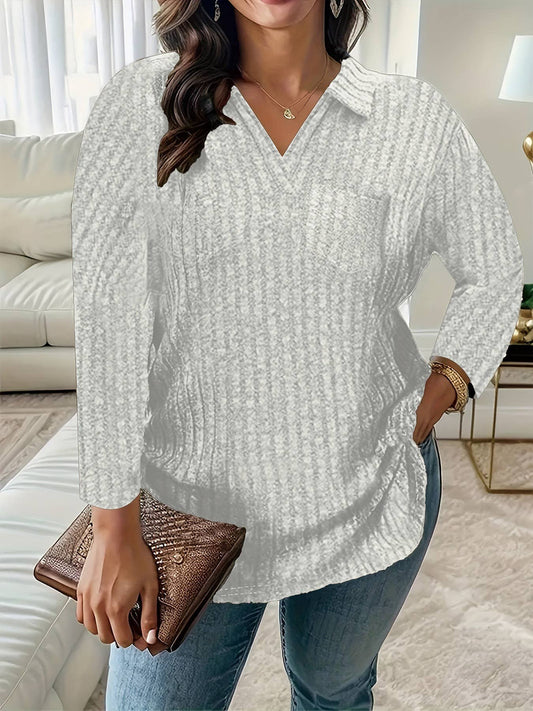 V-NECK POCKET BAGGY PIT STRIP LONG SLEEVE SWEATER