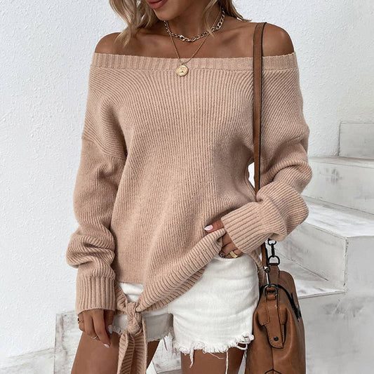 SOLID COLOR LINE NECK LACE-UP SWEATER