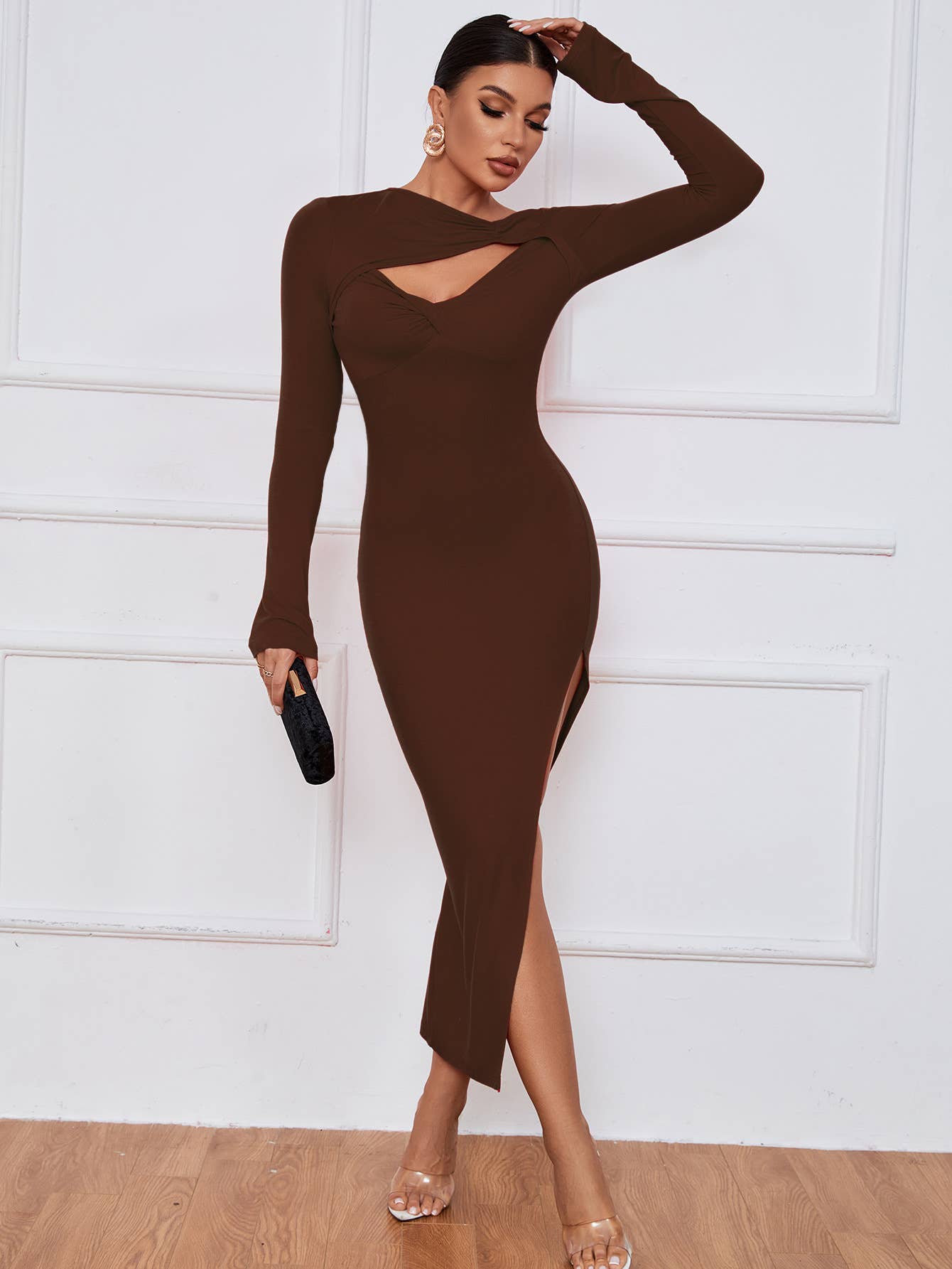 Slim-fit hip-hugging sexy split long-sleeve dress