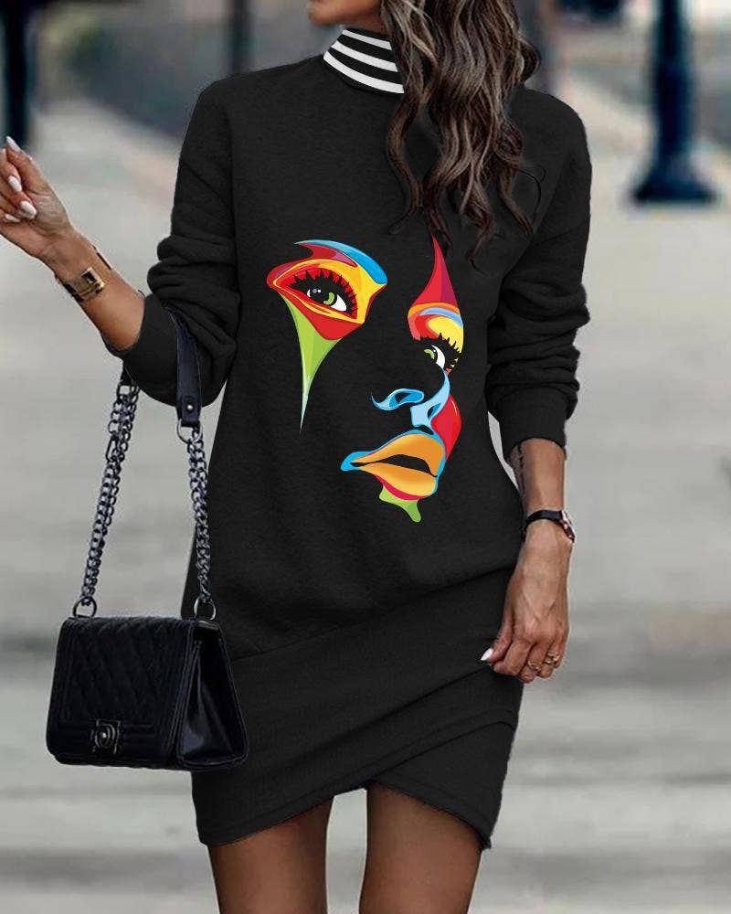 PRINTED SHORT DRESS WITH LONG SLEEVES HIGH NECK
