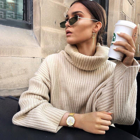 Solid-color high-neck loose knitted sweater