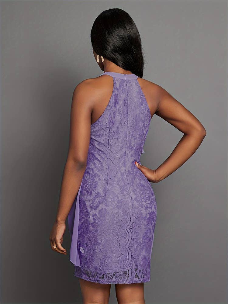 Neckline lace slim-fit solid color hip wrap dress