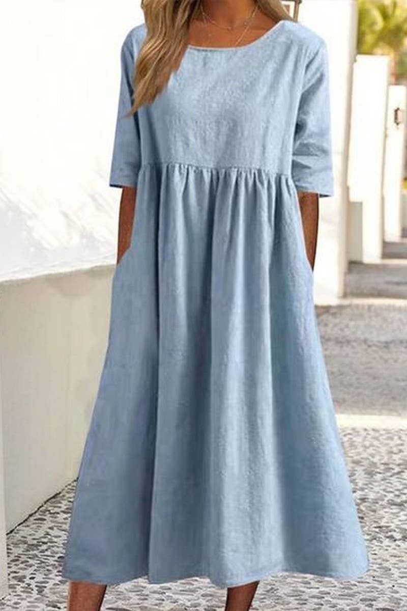 CWDMD01005_ROUND NECK SOLID COLOR COTTON AND LINEN DRESS