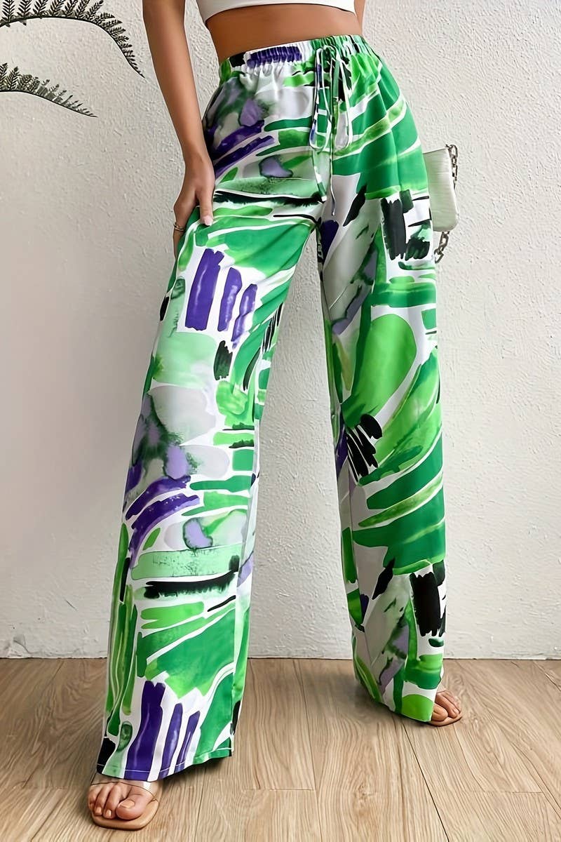 CWBLP1815_SUMMER GRAFFITI PRINT LACE-UP LOOSE TROUSERS