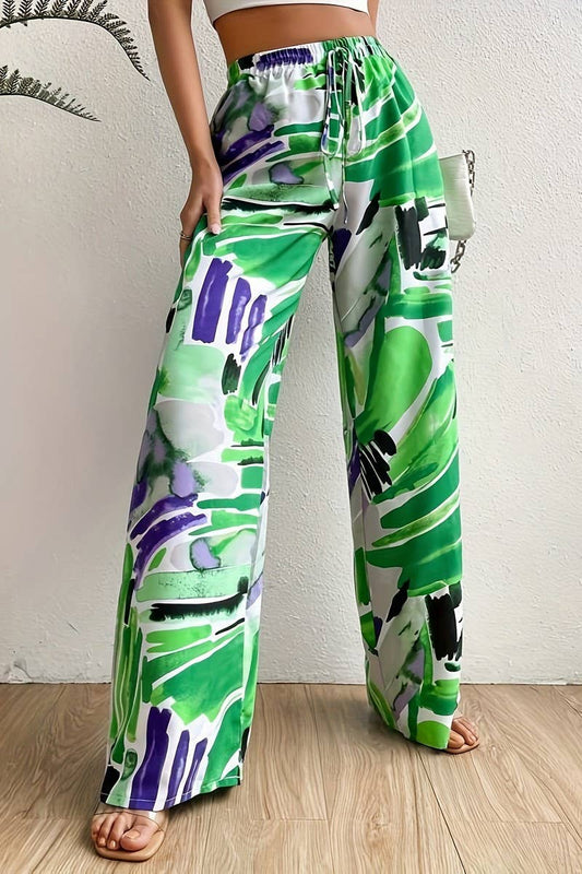 CWBLP1815_SUMMER GRAFFITI PRINT LACE-UP LOOSE TROUSERS