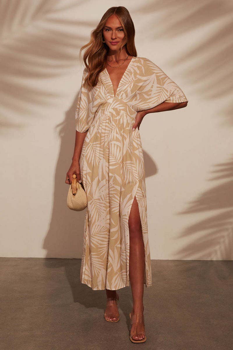 CWDMD5517_FLORAL V NECK SHORT SLEEVE MAXI DRESS