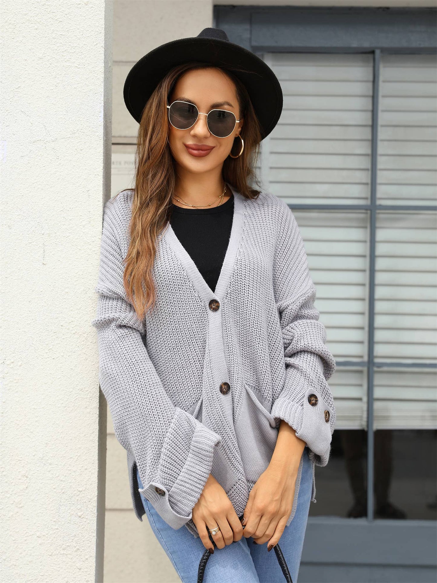 Fashion loose V-neck single-breasted cardigan