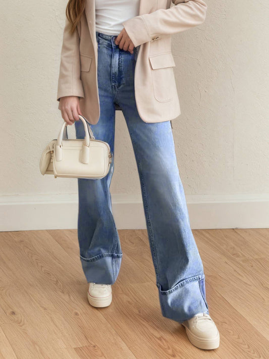 Slightly elastic straight-leg slim wide-leg jeans