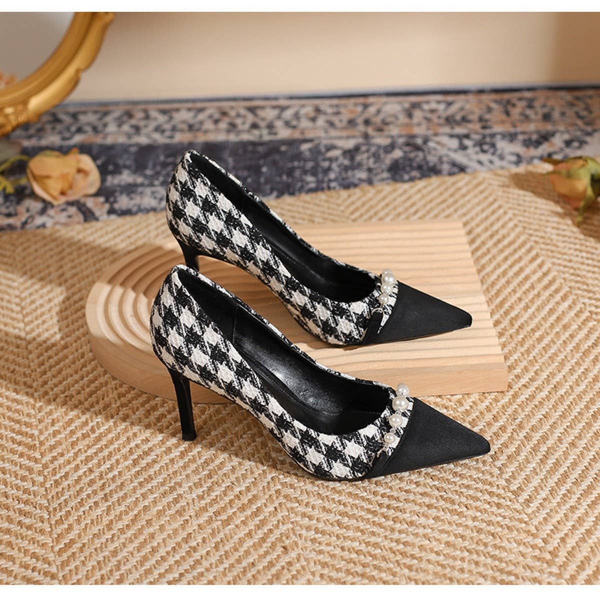 THOUSAND BIRD PLAID SLIM HEEL HIGH HEELS