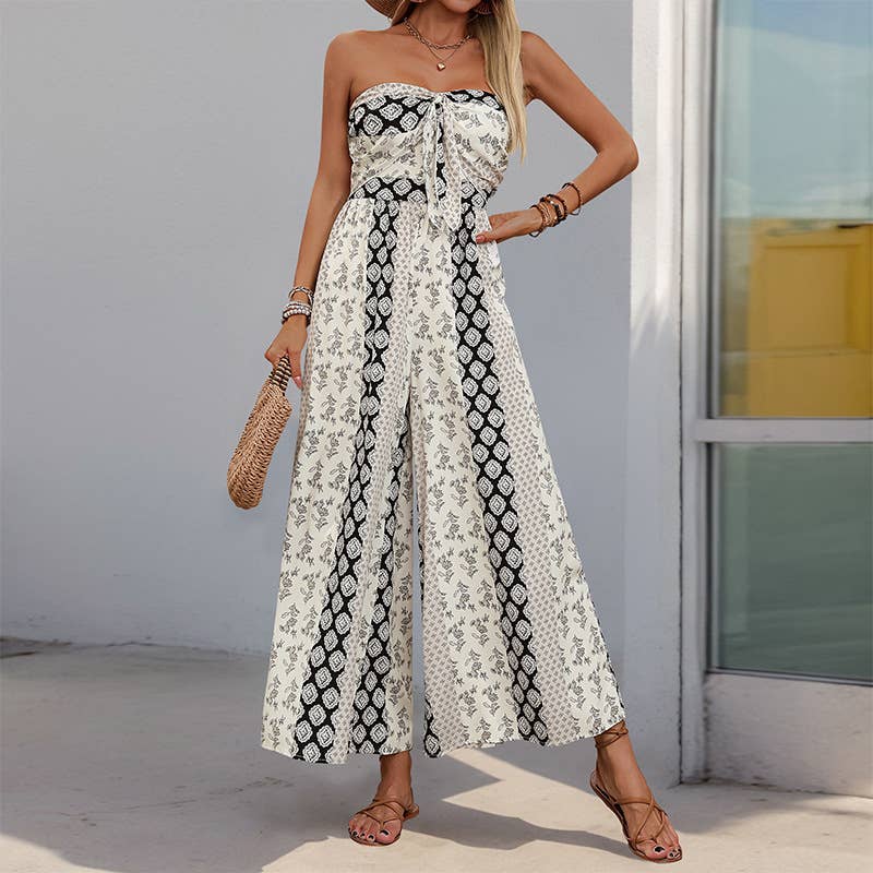 Ethnic print casual chaste wide leg jumpsuit