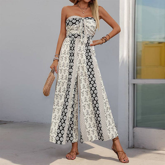 Ethnic print casual chaste wide leg jumpsuit