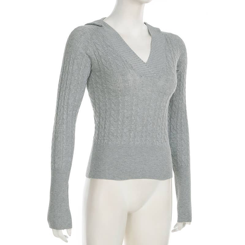 Solid-color deep V-neck hooded knitted sweater