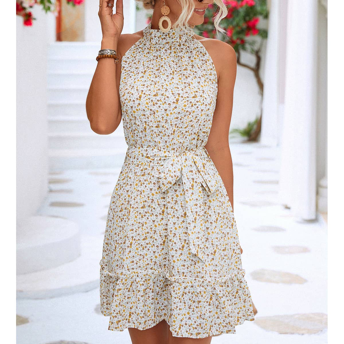 Sleeveless off-the-shoulder floral dress_CWDSD3393