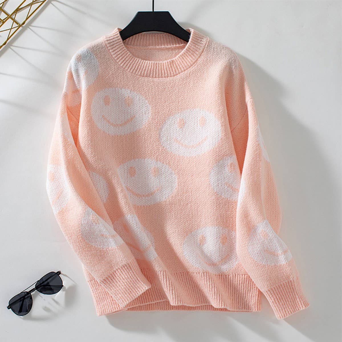 Smiley face jacquard loose crew neck sweater