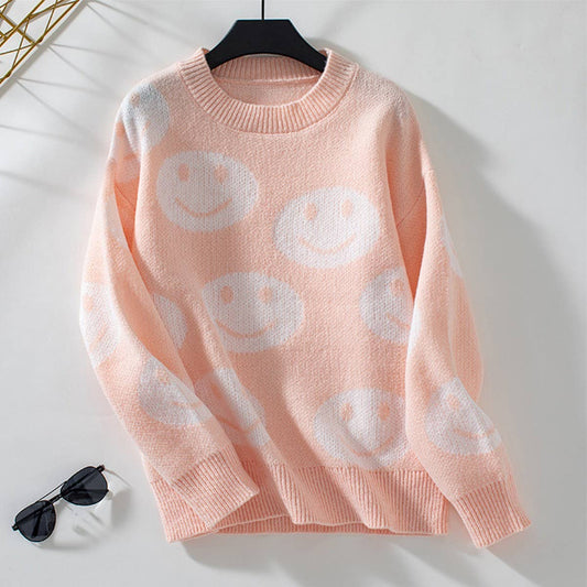 Smiley face jacquard loose crew neck sweater