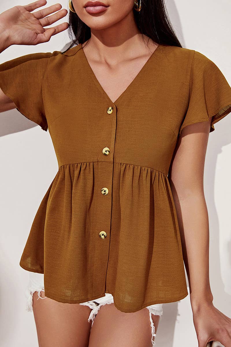 V-NECK SLIM-FIT SHORT-SLEEVED SINGLE-BREASTED TOP