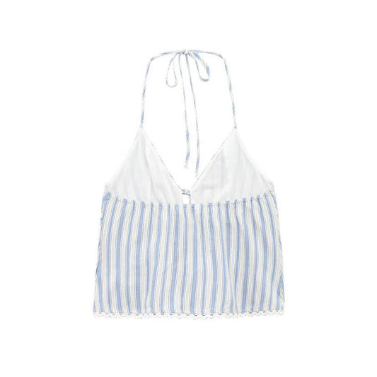 Striped Halter Tie Cami with Lace Patchwork_CWTHT0250