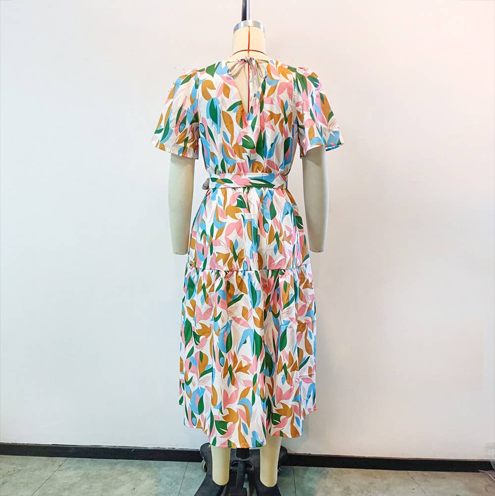 V-Neck Puff Sleeve Tie Waist Maxi Dress