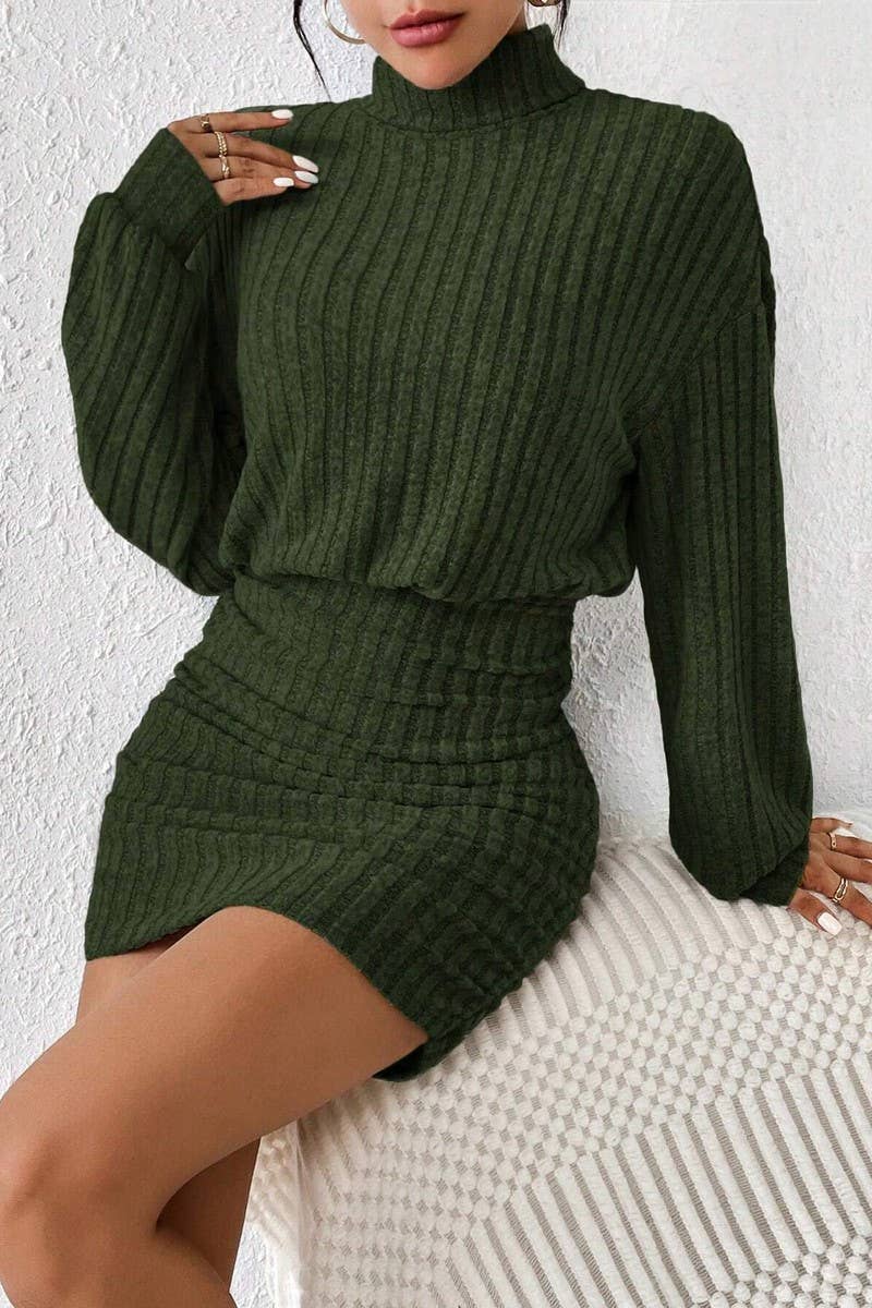 CWDSD6470_SOLID COLOR HIGH COLLAR HIP WRAP KNIT DRESS