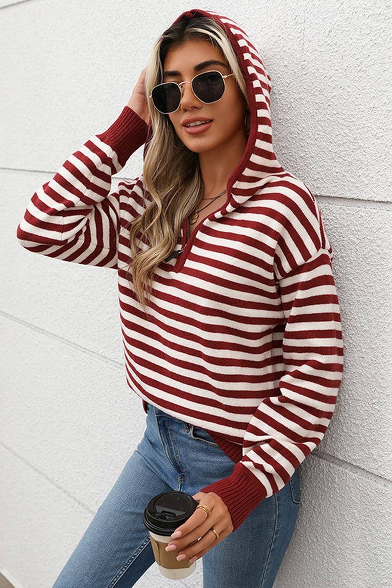 CWOHOL1107_V-NECK STRIPED PULLOVER HOODIE